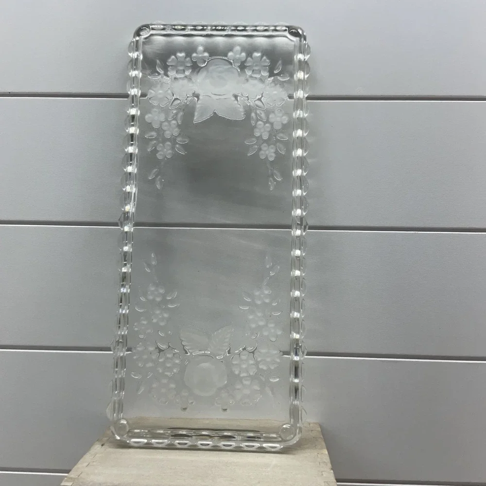 Vintage Clear Pressed Glass Rectangular Tray Frosted Rose Floral Beaded Rim 12in